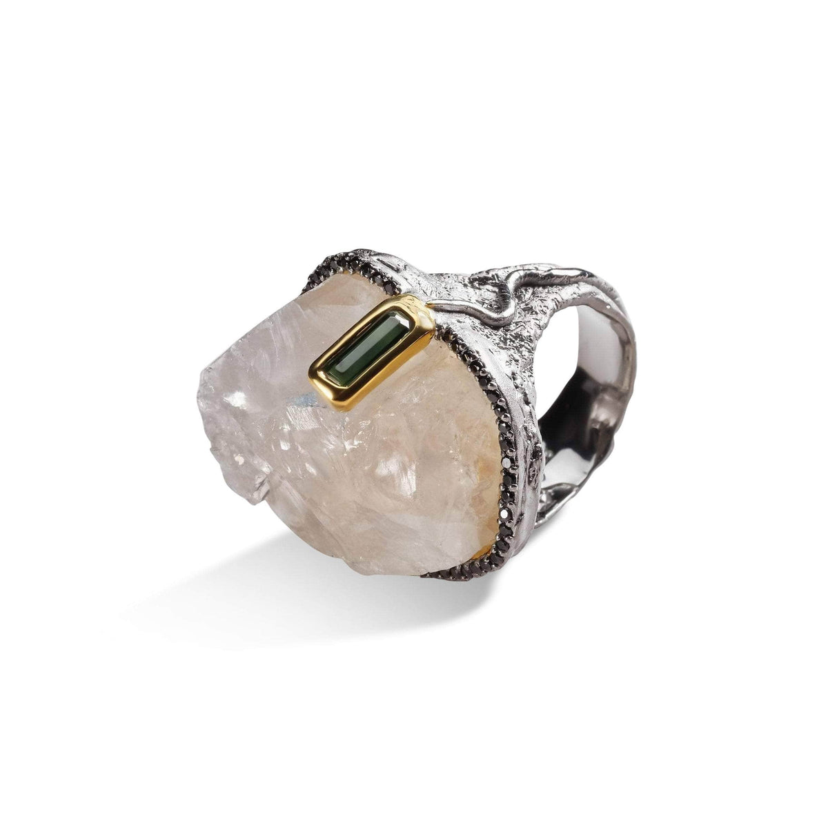 Haider Quartz and Green Tourmaline and Black Spinel Ring | Shop German ...