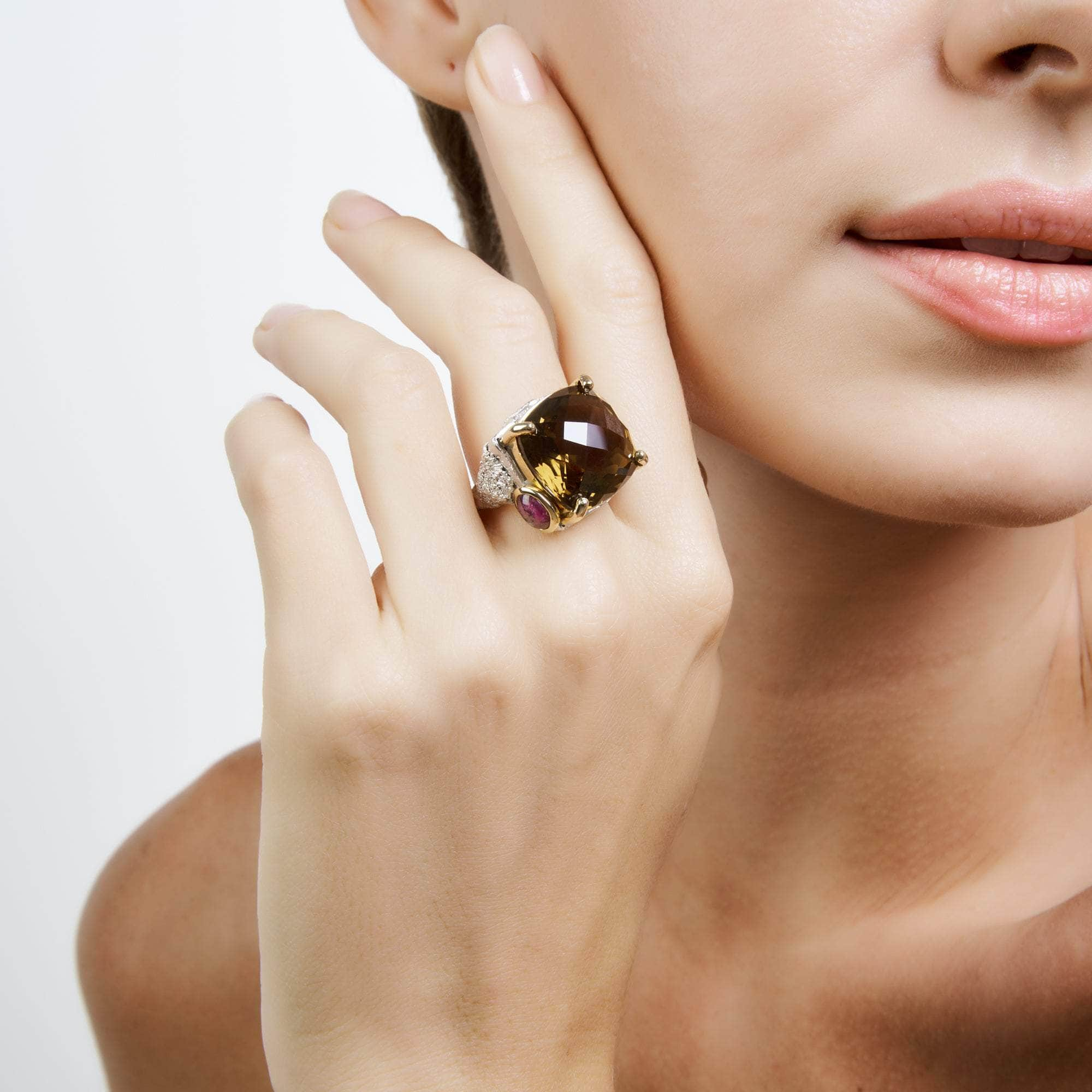 Mashriq Smoky Quartz and Ruby Ring GERMAN KABIRSKI