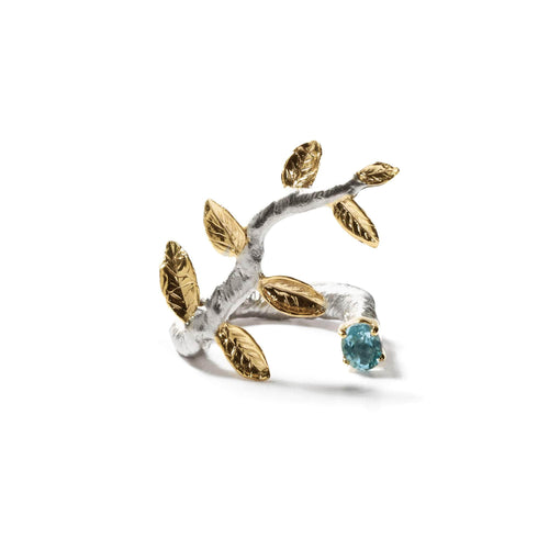 Haara Flower Motif 925 Sterling Silver Ring with Blue Topaz (White Rhodium and 18K Gold-Plated)