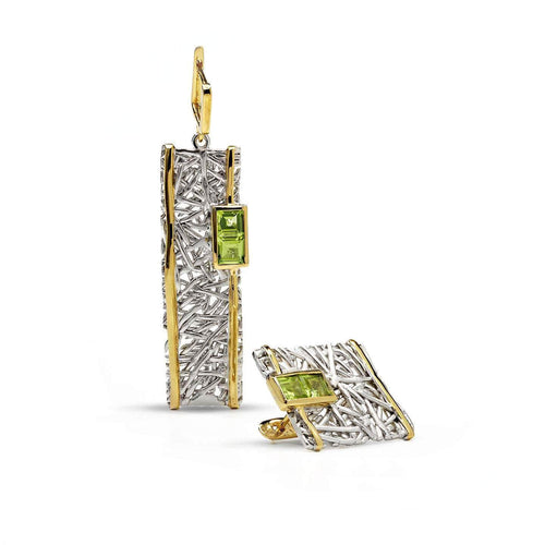 Verina Peridot Earrings Asymmetric Design in Rhodium & Gold-Plated Textured Silver