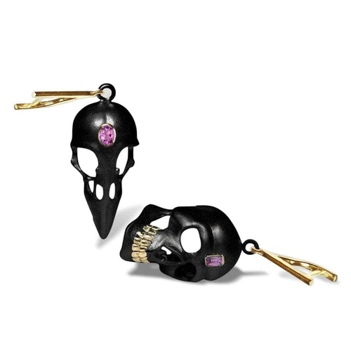 Calvina Skull Motif Asymmetric 925 Silver Earrings with Natural Amethyst (Anthracite & Gold-Plated)