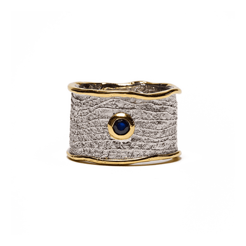 Nedrila Iconic Design Blues Sapphire Textured Silver Ring in White Rhodium and 18K Gold